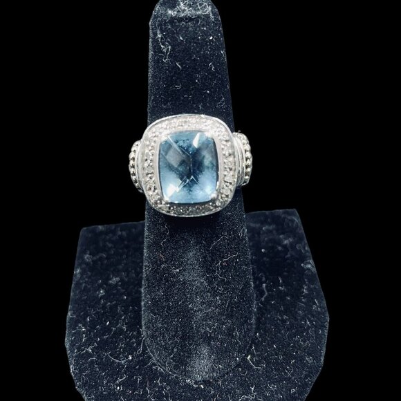 925 Silver Blue Topaz Diamond Ring Cushion Cut Gold Accents Cocktail Jewelry - Picture 4 of 11
